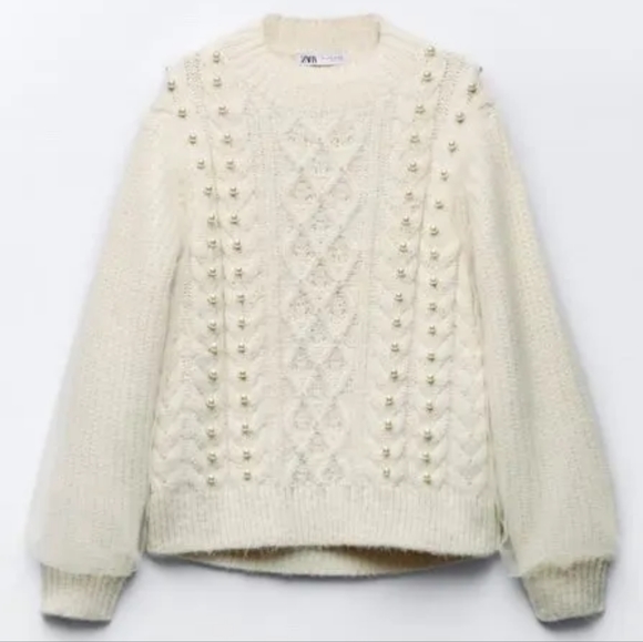 NWT ZARA Oversized Wool Blend Mixed Tulle & Pearl Knit Ecru White Sweater L - XL - Picture 4 of 7